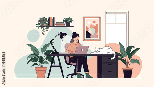 Woman sitting at her desk and working on a laptop while her white cat sleeps peacefully beside her in a cozy, plant-filled home office.