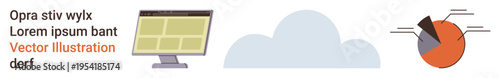 Technology, data storage, cloud computing, networking, analytics, visual communication. Monitor screen, cloud shape and pie chart share space. Technology and data storage clearly