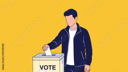 Man in a dark jacket putting a paper ballot into a transparent voting box with the word VOTE printed on it against a yellow background.