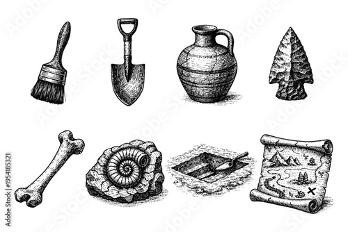Collection of archaeological artifacts and tools for excavation and treasure hunting