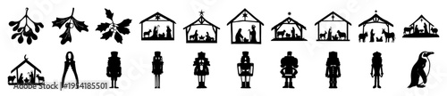 Christmas nativity scene icons, mistletoe leaves, nutcrackers, and a penguin, offering a diverse range of holiday and winter themed graphics.
