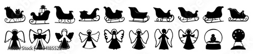 Christmas silhouette collection with 20 holiday icons, black sleigh and angel vector shapes, winter snow globe graphics for festive design