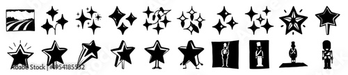Hand-drawn star icons and sparkle elements, 22 black ink linocut style illustrations, decorative celestial shapes and festive holiday symbols