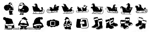 Christmas Santa Claus silhouette icon set, black holiday sleigh and winter boots vector collection, 20 festive hand drawn elements for seasonal design