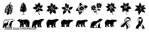 Set of polar bear silhouettes, pine trees, poinsettia flowers, and awareness ribbons, providing versatile graphics for nature and awareness campaigns.