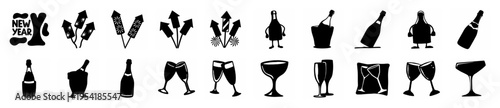 New Year's Eve celebration icons featuring champagne bottles, glasses, fireworks, and party poppers for festive events.