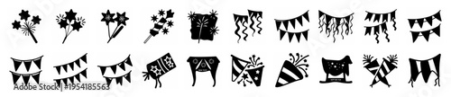 Hand-drawn black and white vector icons depicting party sparklers, streamers, and festive bunting flags for celebrations.