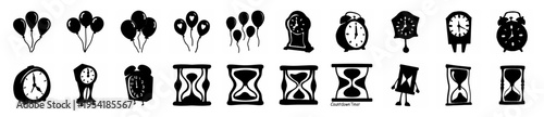 Collection of hand-drawn black and white icons featuring balloons, alarm clocks, and hourglasses for graphic design elements.