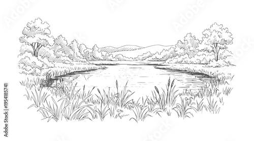 Hand drawn of a serene lake surrounded by trees and rolling hills nature landscape