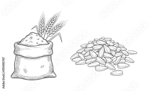 Hand drawn sack of flour with wheat stalks and pile of sunflower seeds