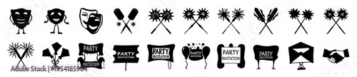 Collection of black and white cartoon icons for parties, including masks, sparklers, signs, and handshake.