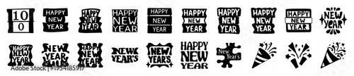 Hand-drawn icons for New Year's Eve countdown, happy new year messages, and festive celebrations with fireworks