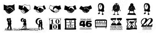 Collection of hand-drawn icons representing new beginnings, partnerships, and time passing for business and celebration