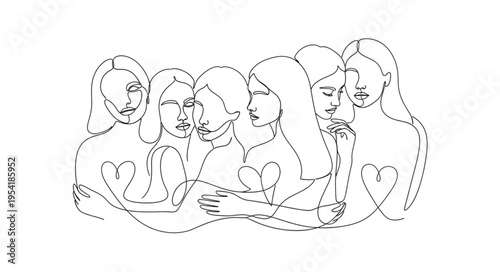 Diverse group of women embracing each other with hearts.