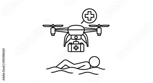 Drone delivering medical aid to person in water.