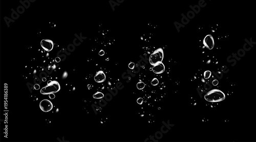 Set of clean water bubbles with soap foam effect, sparkle shine, detergent powder trail, fresh wave and hygiene on transparent background.