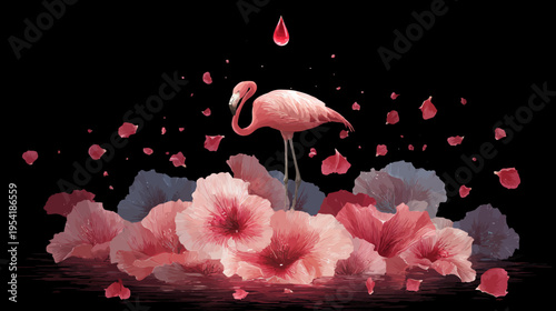 A flamingo stands amidst flowers and falling petals, a droplet suspended above, against a black backdrop
