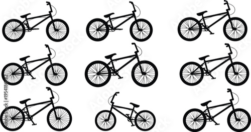 Black silhouette collection of BMX bicycles featuring various mountain bike frames and cycle designs isolated on white background for extreme sports and urban cycling