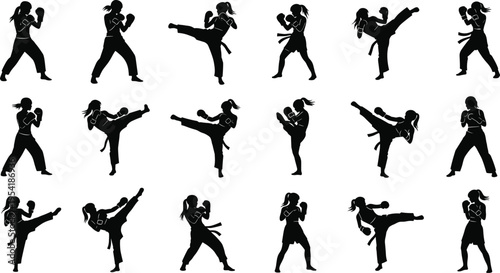 Black silhouette collection of female martial artists performing kicks and punches wearing boxing gloves isolated on white background for karate and kickboxing sports