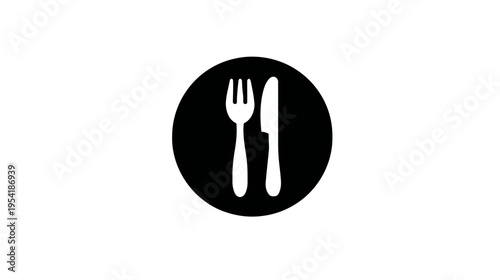 A simple, black circle containing a white fork and knife silhouette, symbol of eating