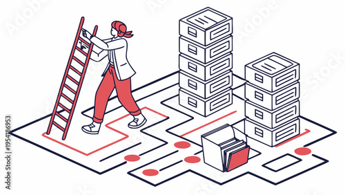 Concept of red tape bureaucracy with worker navigating maze of paperwork boxes and ladder illustrating obstacles and inefficiency