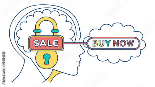 Concept of intentional consumption with human head choosing between sale and buy now symbols illustrating mindful buying and marketing pressure