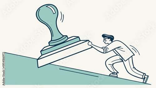 Concept of overcoming red tape with person pushing heavy stamp uphill illustrating effort against bureaucracy and administrative resistance