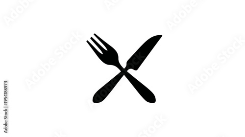 Black silhouette of a knife and fork crossed over each other, set against a blank white backdrop