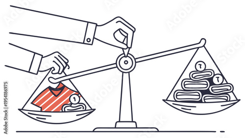 Concept of red tape bureaucracy with hands weighing money against paperwork illustrating tradeoff between efficiency and administrative burden