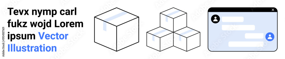 Fototapeta premium Logistics, e-commerce, package tracking, communication, UI design, digital applications. Minimalist cubes and user interface with text. Logistics and e-commerce visualization