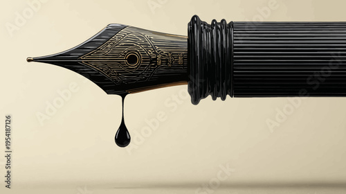 A detailed close-up of a classic writing instrument, black and gold, with an ink drop