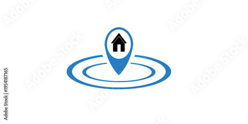 Blurry blue location pin icon with house symbol