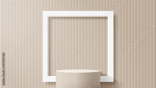 Minimalist light beige podium with white frame for product presentation