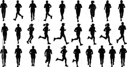 Black silhouette collection of men and women running and jogging in various active poses isolated on white background for marathon sports and fitness design