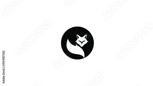 A monochrome illustration of a fox head and tail within a black circle on a white background