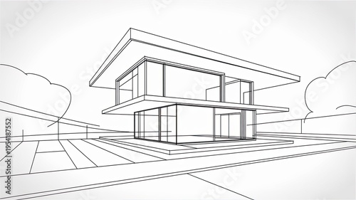 A modern two-story house with a minimalist design and large windows