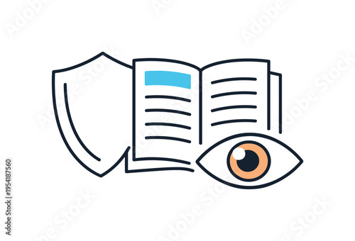 Organizational responsibility and transparent reporting for trustworthy operations, a shield combined with an open document and a small eye symbol representing visibility