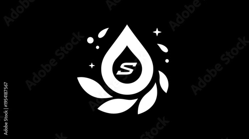 A white design, depicting a droplet, surrounded by botanical elements on a black background