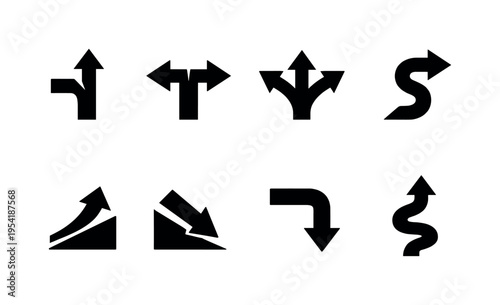 Navigation road arrows: highway exit arrow sign, directional pointer arrow sign, route fork arrows sign, S curve road arrow sign, uphill road arrow sign, downhill road arrow sign