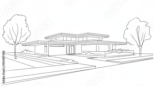 A modern house with a minimalist design and a tree lined street