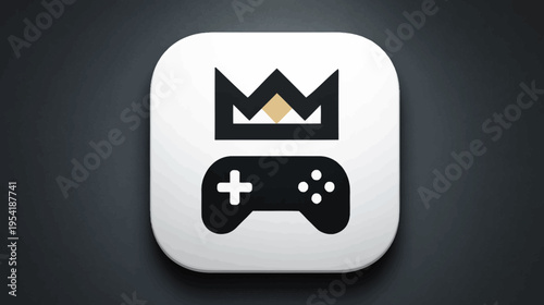 A black controller and a black crown emblem on a rounded-corner white square, dark gradient background
