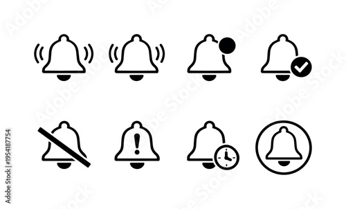 Notification bell alerts: ringing bell, bell with vibration lines, bell with notification dot, bell with check mark, muted bell with slash, bell with exclamation mark, bell with
