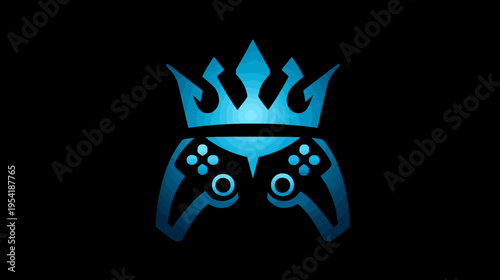 A blue-gradient emblem features a crown atop a gamepad on a black background