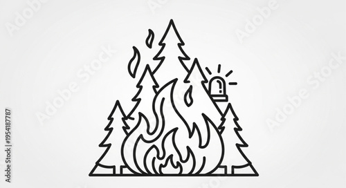 Forest fire emergency alert icon with trees and flames.