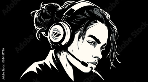 B&W vector illustration of a person with headphones, side profile, mic, bun, and expressive gaze