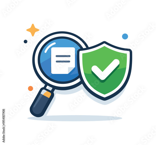 Cybersecurity and digital verification related to checking data safely and protecting online activity, a magnifying glass paired with a shield and one small checkmark symbol