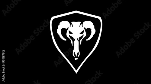 A striking, minimalist design of a skull within a shield, rendered in white against a stark black background