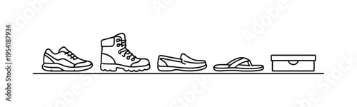 Footwear variety designed for different activities including sports, travel, outdoor walking, and daily urban life in a practical clothing category, a running sneaker, a hiking