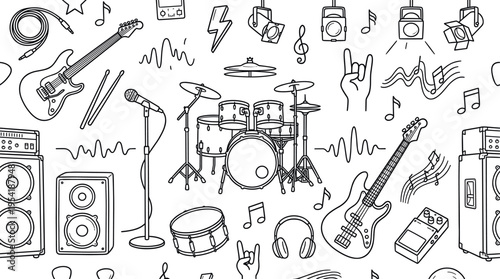 Rock music performance theme with energetic live concert feel, doodle objects including electric guitar, bass guitar, drum set, snare drum, cymbals, drumsticks, microphone, mic