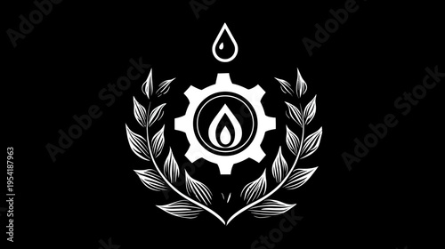 A white emblem features a cog with flame, water drop, and laurel branches on black background
